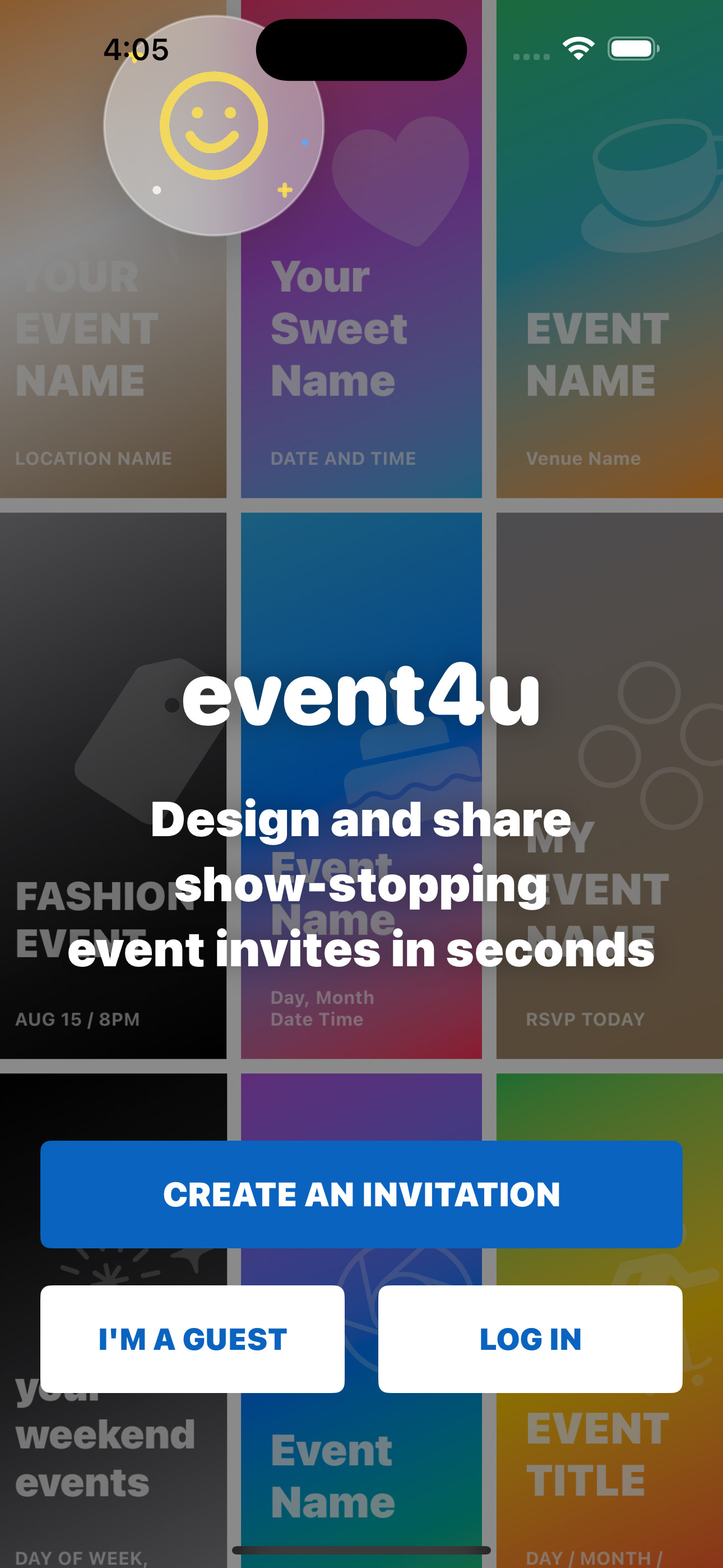 AiML Invite mobile home screen showing event invitation tools.