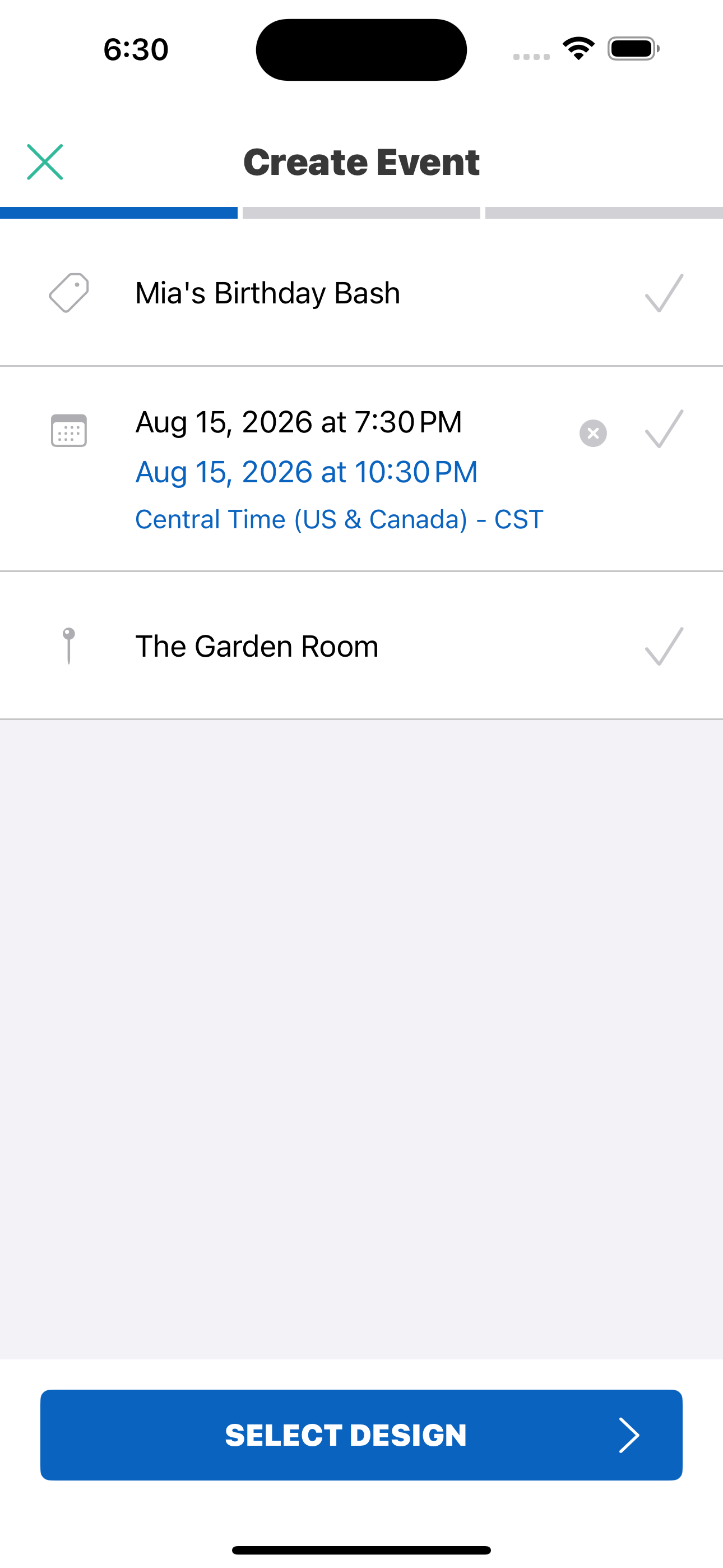AiML Invite mobile screen for entering core event details.