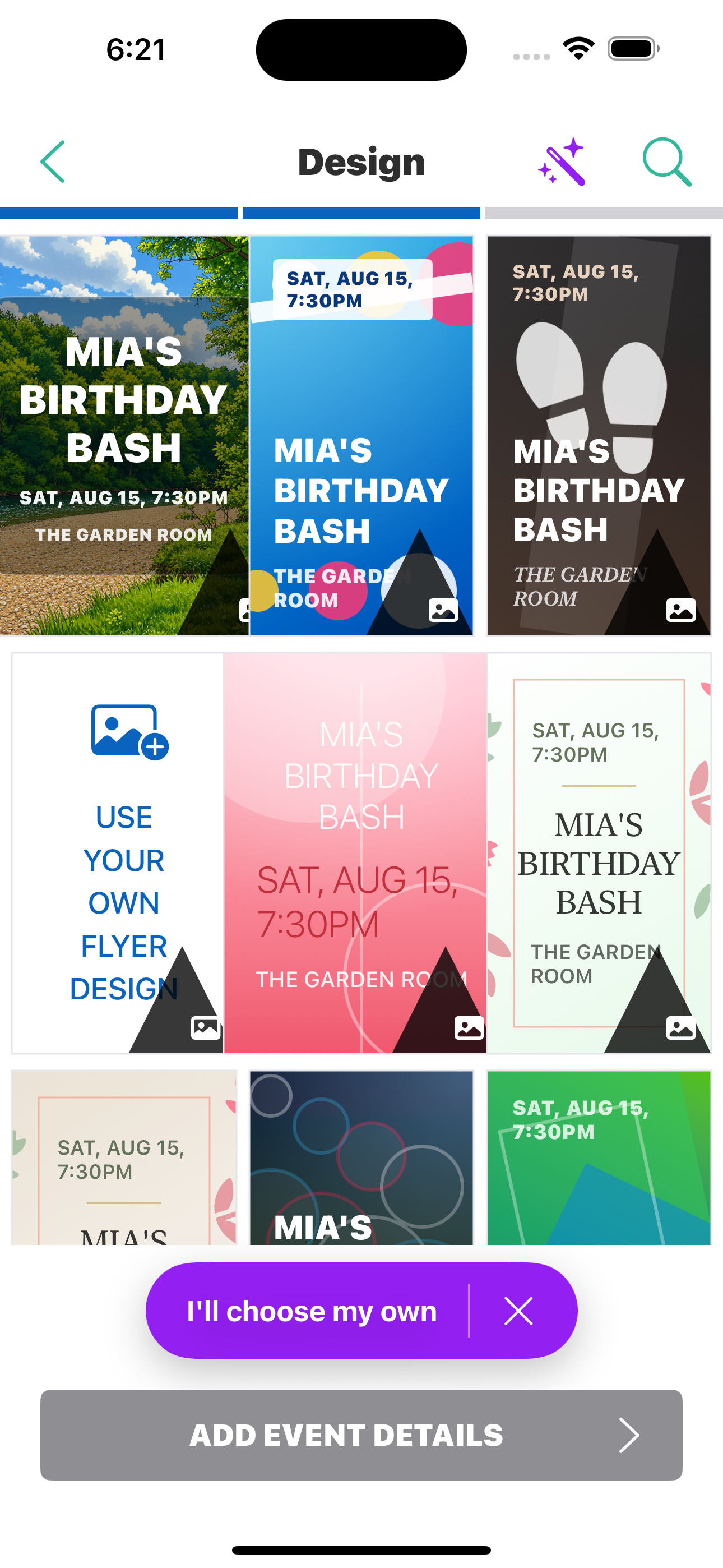 AiML Invite mobile design screen for choosing event flyer visuals.
