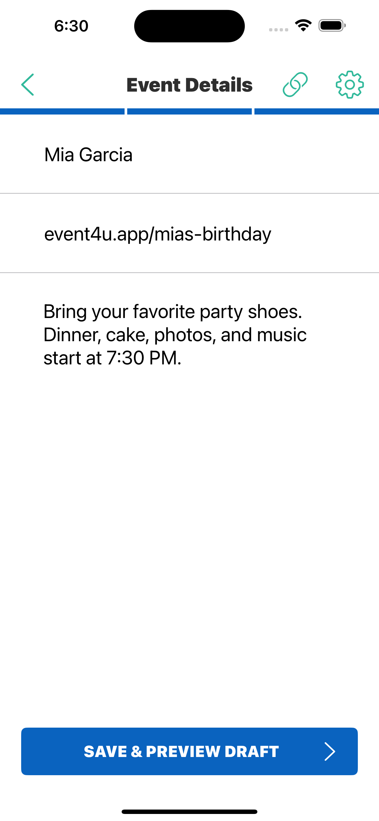 AiML Invite mobile event details screen for guest-facing invite information.