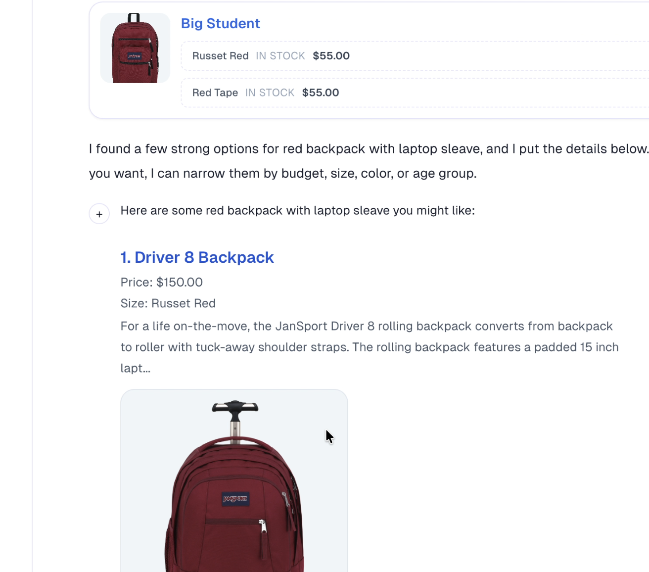 Sellbot AiML recommending a red backpack with laptop sleeve inside the shopping chat.
